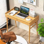Costway Bureau en Bambou 39.5 Table d'Étude Informatique avec 2 Tiroirs de Rangement et Étagère Ouverte
