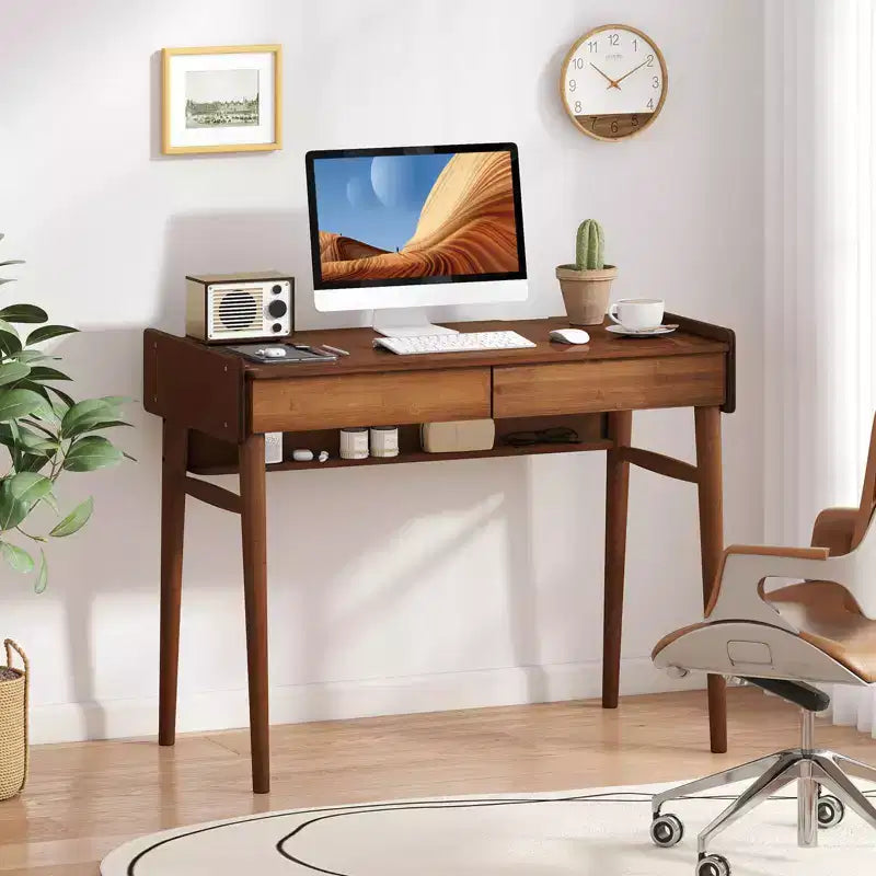 Costway Bureau en Bambou 39.5 Table d'Étude Informatique avec 2 Tiroirs de Rangement et Étagère Ouverte