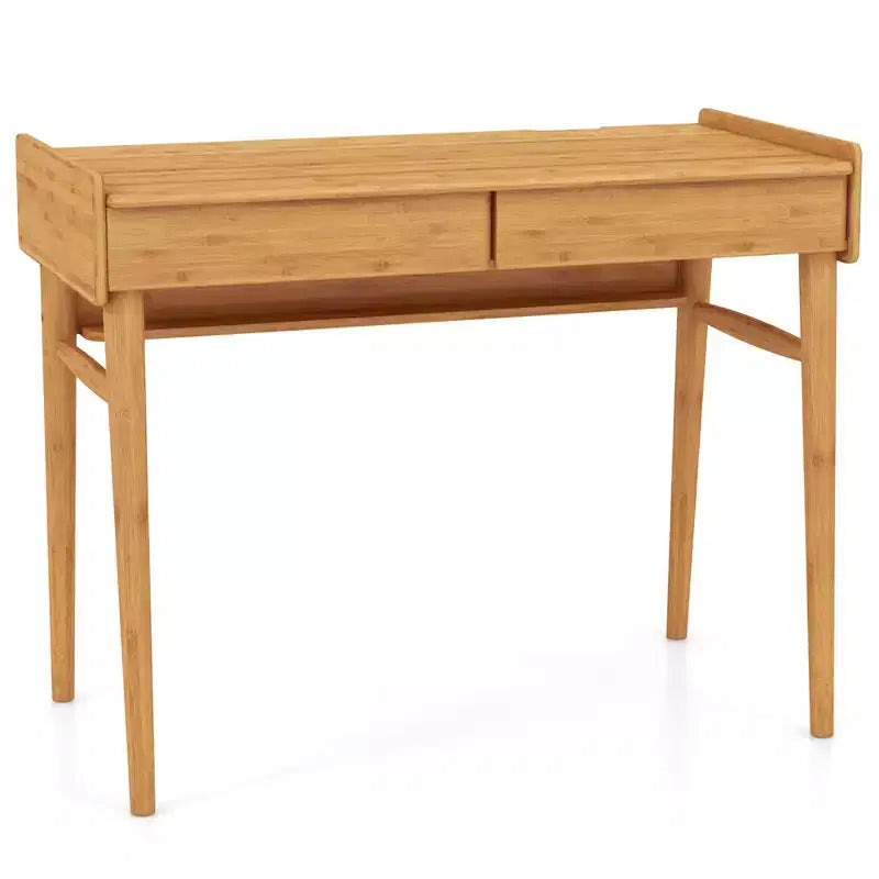 Costway Bureau en Bambou 39.5 Table d'Étude Informatique avec 2 Tiroirs de Rangement et Étagère Ouverte