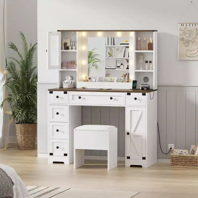 Coiffeuse et tabouret GustoWave, coiffeuse avec lumières, coiffeuse blanche avec station de recharge, 6 tiroirs et placards