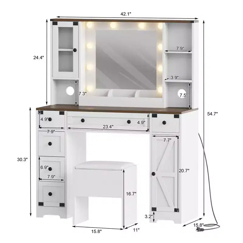 Coiffeuse et tabouret GustoWave, coiffeuse avec lumières, coiffeuse blanche avec station de recharge, 6 tiroirs et placards