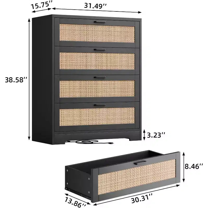 Commode 5 tiroirs en rotin 47 po - Grande commode de rangement pour chambre à coucher et salon
