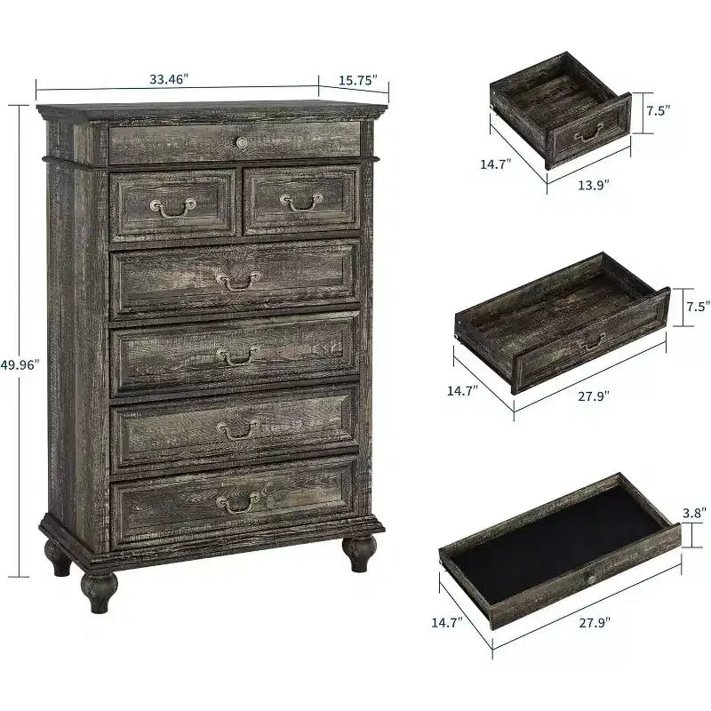 Commode 7 tiroirs style ferme rustique - Rangement à bijoux pour chambre et salon