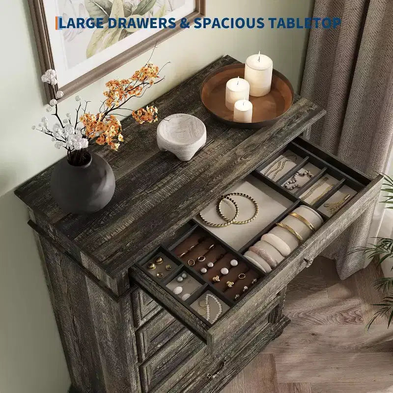 Commode 7 tiroirs style ferme rustique - Rangement à bijoux pour chambre et salon
