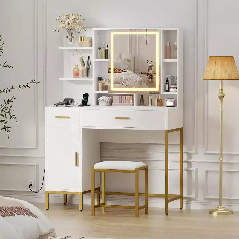 Coiffeuse de chambre avec lampe et prise de courant, coiffeuse en bois avec 2 tiroirs, 9 étagères ouvertes, 2 armoires, coussin et tabouret