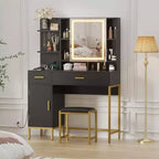 Coiffeuse de chambre avec lampe et prise de courant, coiffeuse en bois avec 2 tiroirs, 9 étagères ouvertes, 2 armoires, coussin et tabouret
