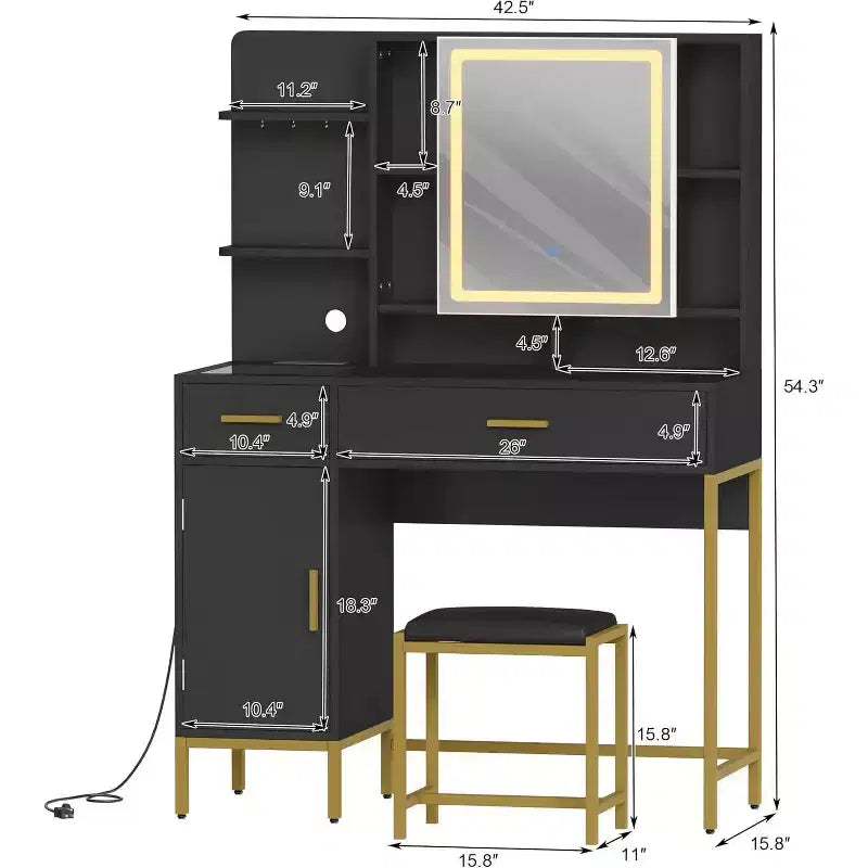 Coiffeuse de chambre avec lampe et prise de courant, coiffeuse en bois avec 2 tiroirs, 9 étagères ouvertes, 2 armoires, coussin et tabouret