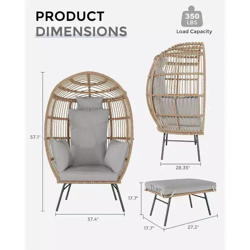 Fauteuil œuf surdimensionné Acekool avec ottoman, chaise longue de patio en rotin PE avec coussins, siège intérieur et extérieur pour jardin et salon