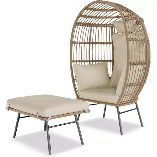 Fauteuil œuf surdimensionné Acekool avec ottoman, chaise longue de patio en rotin PE avec coussins, siège intérieur et extérieur pour jardin et salon