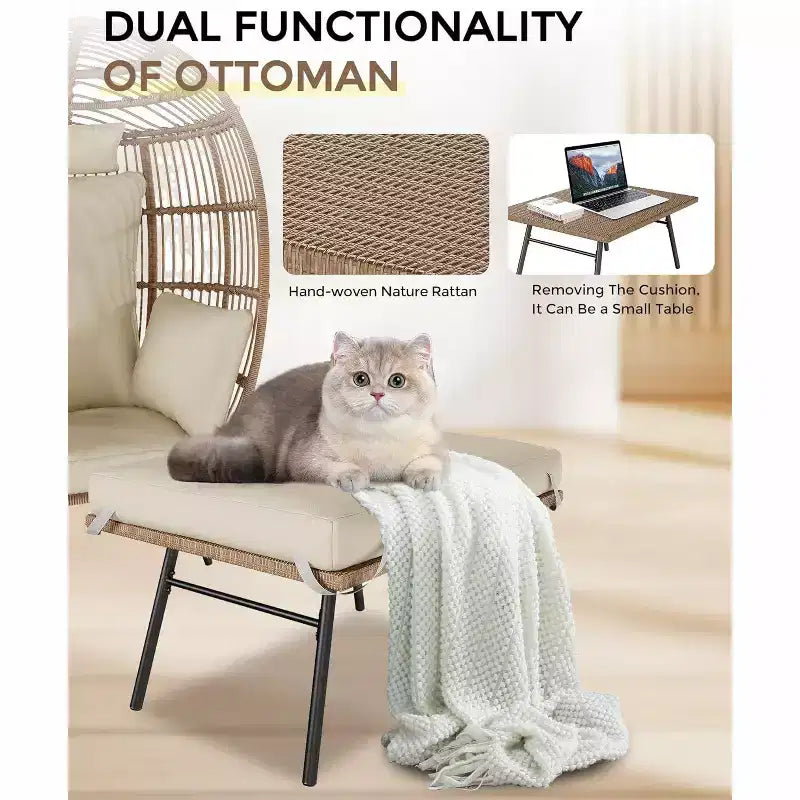 Fauteuil œuf surdimensionné Acekool avec ottoman, chaise longue de patio en rotin PE avec coussins, siège intérieur et extérieur pour jardin et salon