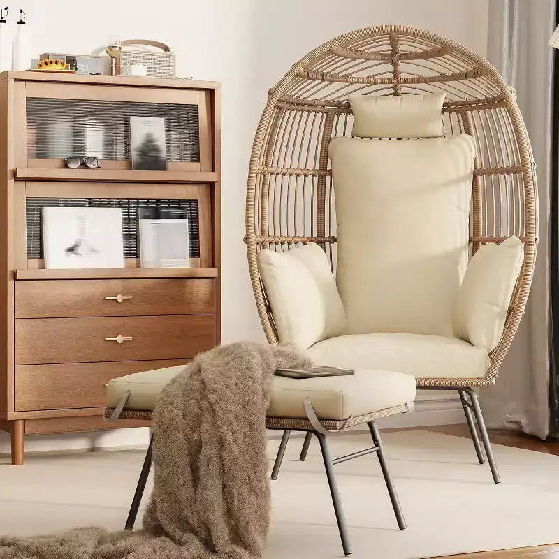 Fauteuil œuf surdimensionné Acekool avec ottoman, chaise longue de patio en rotin PE avec coussins, siège intérieur et extérieur pour jardin et salon