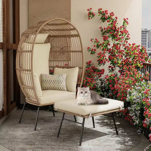 Acekool Oversized Egg Chair with Ottoman, PE Rattan Patio Lounge Chair with Cushions, Indoor Outdoor Seating for Garden & Living Room