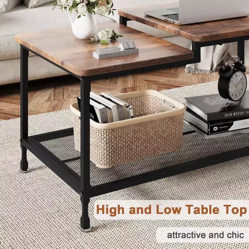 Table basse GustoWave en bois, table d'appoint à 2 niveaux avec étagère en maille pour salon, chambre, bureau, marron rustique