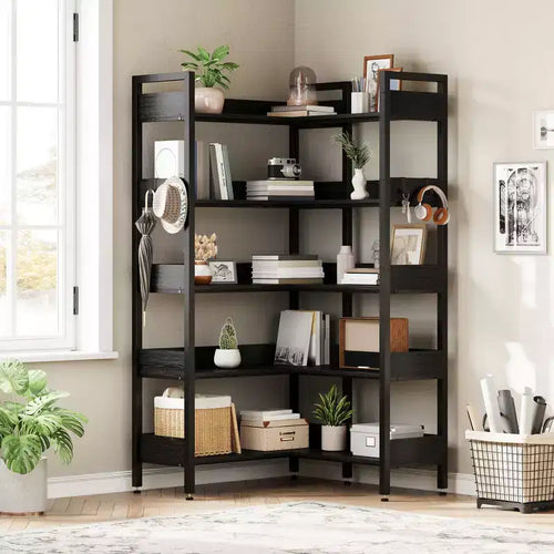 Étagère d'angle convertible à 5 niveaux, Bibliothèque industrielle en forme de L avec rangement pour la maison, le bureau et le salon