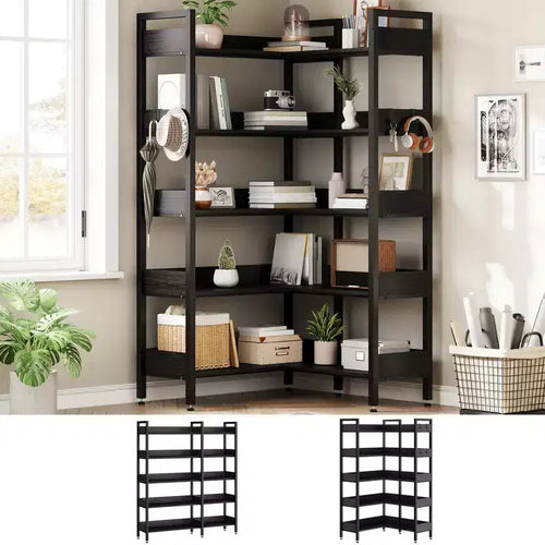 5-Tier Convertible Corner Bookshelf, L-Shaped Industrial Bookcase with Storage Display for Home, Office & Living Room