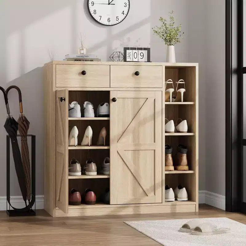 Meuble à Chaussures Acekool - Organiseur Moderne avec Portes, Étagères Réglables pour Entrée, Peut Contenir 18 à 24 Paires, Naturel
