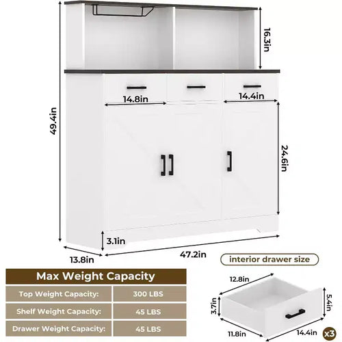 Buffet de salle à manger 59" style ferme avec portes de grange, 3 tiroirs et étagères, support pour micro-ondes, rangement moderne pour cuisine ou salle à manger
