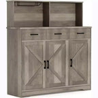 Buffet de salle à manger 59" style ferme avec portes de grange, 3 tiroirs et étagères, support pour micro-ondes, rangement moderne pour cuisine ou salle à manger