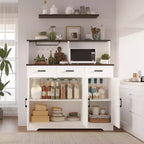 Buffet de salle à manger 59" style ferme avec portes de grange, 3 tiroirs et étagères, support pour micro-ondes, rangement moderne pour cuisine ou salle à manger