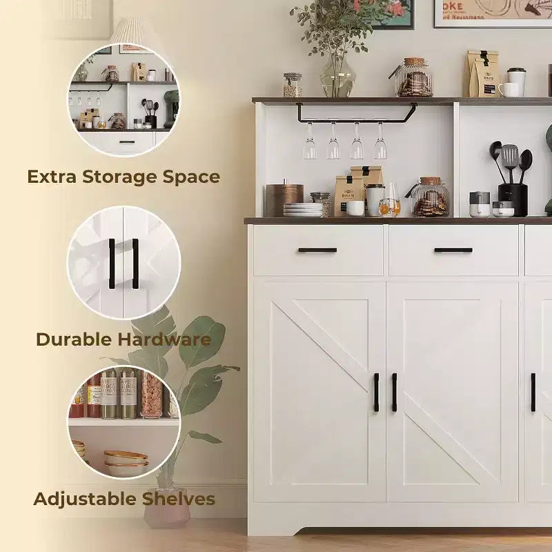 Buffet de salle à manger 59" style ferme avec portes de grange, 3 tiroirs et étagères, support pour micro-ondes, rangement moderne pour cuisine ou salle à manger