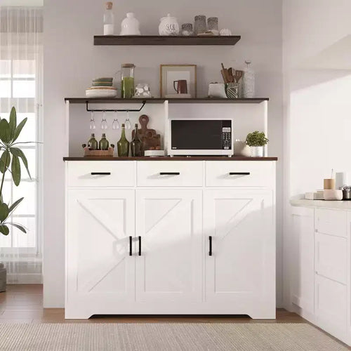 59 Farmhouse Sideboard Buffet Cabinet with Barn Doors, 3 Drawers & Shelves, Microwave Stand, Modern Storage for Kitchen or Dining Room