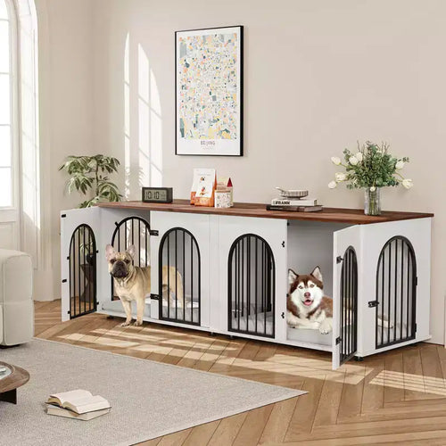 71 Dog Crate Furniture - Dual Kennel with Divider, Wooden Dog House & TV Stand for Large Dogs