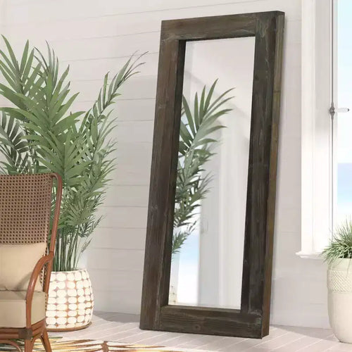 Miroir pleine longueur rectangulaire marron à bords larges en bois massif de 58x24 pouces, à angle droit et creux (sans support)