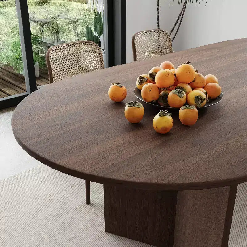 PexFix 67 x 33.5 Table de salle à manger de style ferme en bois massif avec pieds en V et plateau ovale en bois pour salles à manger modernes et réunions de famille Noyer
