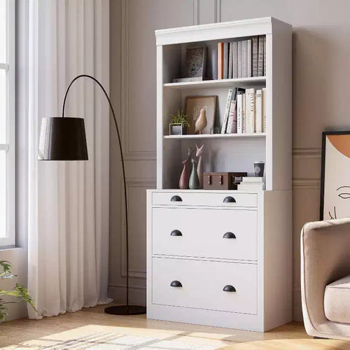 Acekool Modern Bookshelf with 3 Drawers and 3 Shelves, White Storage Cabinet, Wide Base, Anti-Tip Safety, for Living Room Bedroom Office