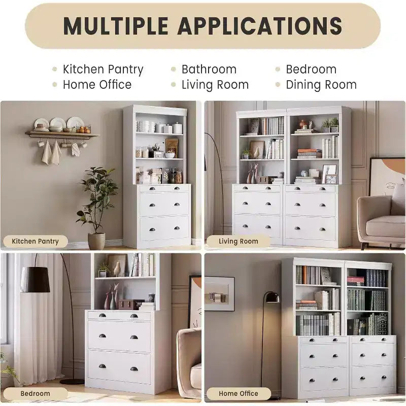 Bibliothèque moderne Acekool avec 3 tiroirs et 3 étagères, meuble de rangement blanc, base large, sécurité anti-basculement, pour salon, chambre, bureau