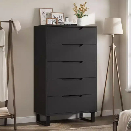 Acekool 5-Drawer Tall Dresser, 50 Vertical Wooden Chest with Detachable Legs and Spacious Storage for Bedroom, Living Room, Hallway, Entryway, Black