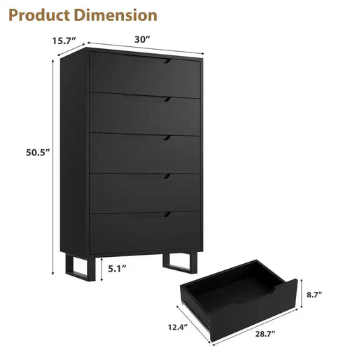 Acekool Commode Haute à 5 Tiroirs, 50 Commodes Verticales en Bois avec Pieds Détachables et Rangement Spacieux pour Chambre à Coucher, Salon, Couloir, Entrée, Noir