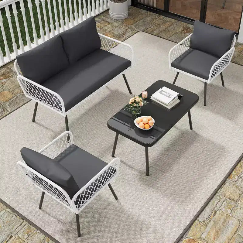 Ensemble de meubles d'extérieur en osier 4 pièces, canapé d'angle de patio avec rotin et cadre en métal faits à la main, avec table basse pour jardin, arrière-cour et bord de piscine