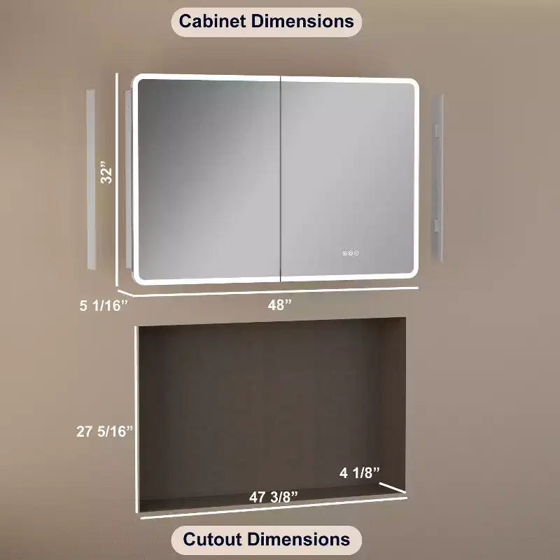 Armoire à pharmacie miroir à LED, montage en saillie ou encastré, éclairage à intensité variable 3 couleurs, anti-buée, USB et prise de courant