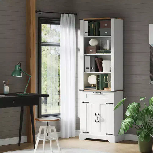 72 Tall Farmhouse Bookcase, Wooden Bookshelf with Storage Cabinet and Drawer, 4 Tier Display Cabinet with Barn Door and Adjustable Shelf