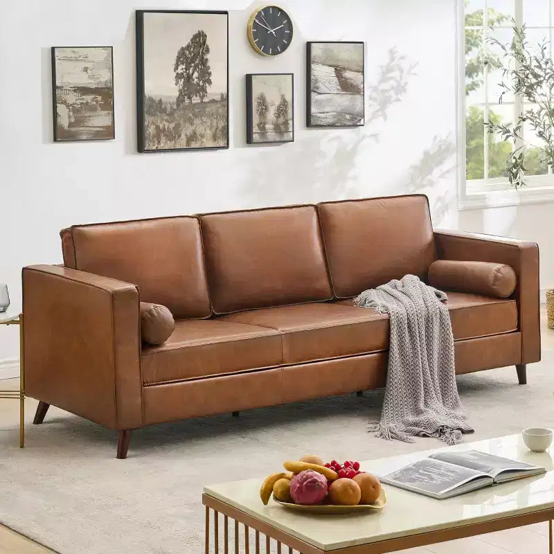 GustoWave 80'' Mid-Century Modern Couch, 3-Seat Faux Leather Sofa with Upholstered Cushions/Pillows for Living Room, Brown