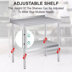 Table de préparation Acekool 36 x 24 en acier inoxydable avec crédence, étagère inférieure réglable et 4 roulettes, table de travail de qualité commerciale