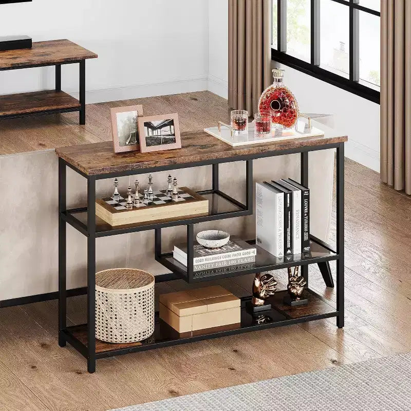 Console industrielle à 4 niveaux avec étagères en verre, table de canapé étroite de 100 cm pour entrée, salon, chambre, table d'appoint de couloir à cadre métallique