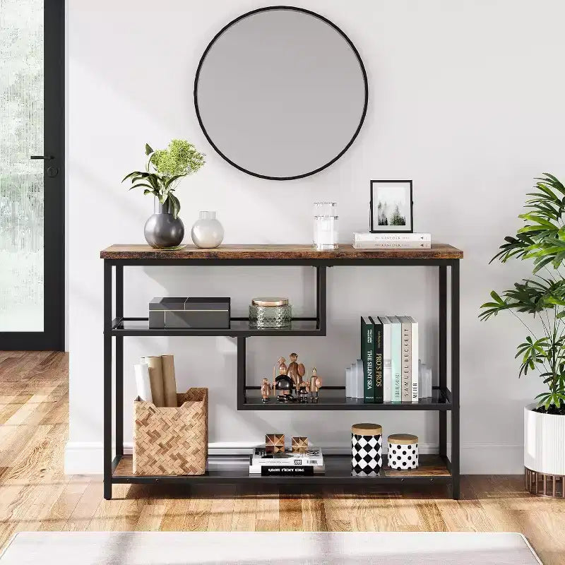 Console industrielle à 4 niveaux avec étagères en verre, table de canapé étroite de 100 cm pour entrée, salon, chambre, table d'appoint de couloir à cadre métallique