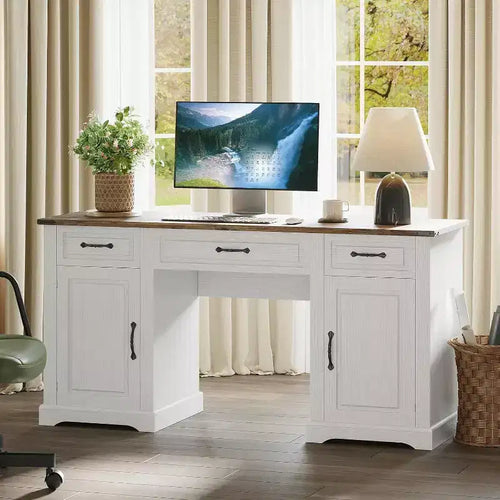 Acekool 60 Executive Farmhouse Desk with Drawers and Storage Cabinets, Rustic Wood Computer Desk for Home Office and Study, Antique White