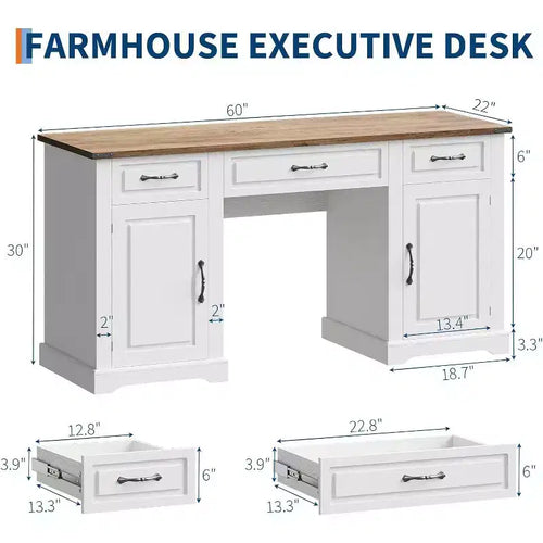 Acekool Bureau de Direction de Ferme 60 avec Tiroirs et Meubles de Rangement, Bureau d'Ordinateur Rustique pour Bureau à Domicile et Étude, Blanc Antique