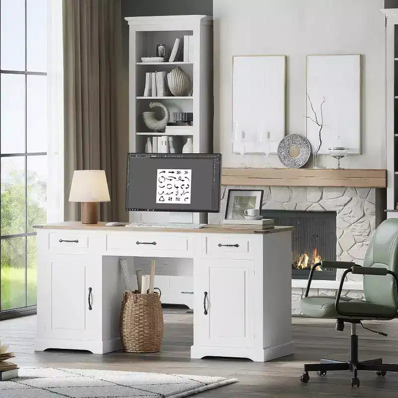 Acekool Bureau de Direction de Ferme 60 avec Tiroirs et Meubles de Rangement, Bureau d'Ordinateur Rustique pour Bureau à Domicile et Étude, Blanc Antique