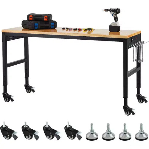 Acekool 48 Inch Height Adjustable Work Table with Wheels,2000 Lbs Rubber Wood Top Workstation with Power Outlets,for Workshop, Home