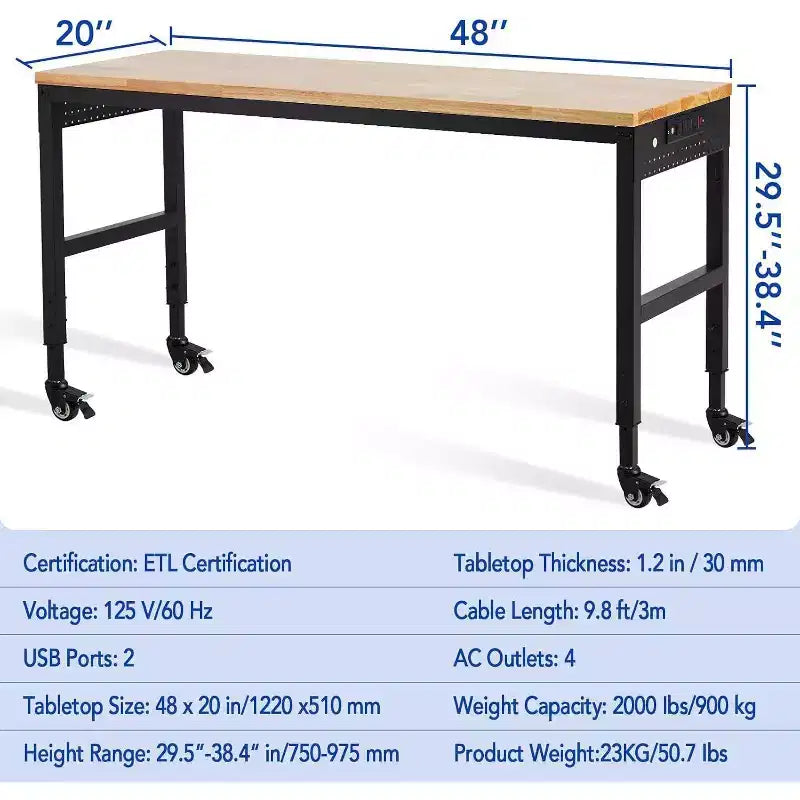 Table de travail Acekool réglable en hauteur de 48 pouces avec roulettes, poste de travail avec plateau en bois de caoutchouc de 2000 lb et prises de courant, pour atelier, maison
