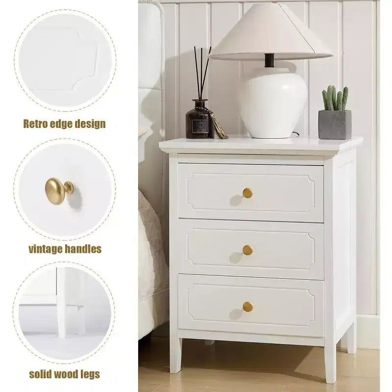 TYBOATLE Table de chevet blanche à 3 tiroirs, table d'appoint en bois avec très grand espace de rangement pour salon, chambre à coucher