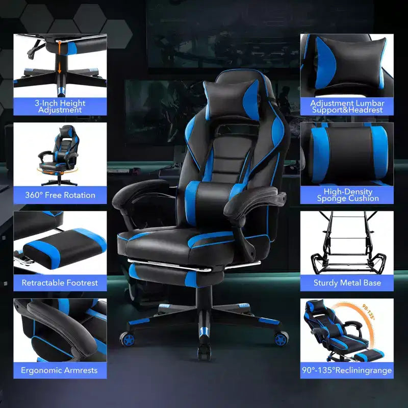 Chaise de bureau grande taille, Chaise de jeu en cuir à dossier haut avec repose-pieds, Chaise d'ordinateur ergonomique avec support lombaire et appui-tête, Base pivotante à 360°