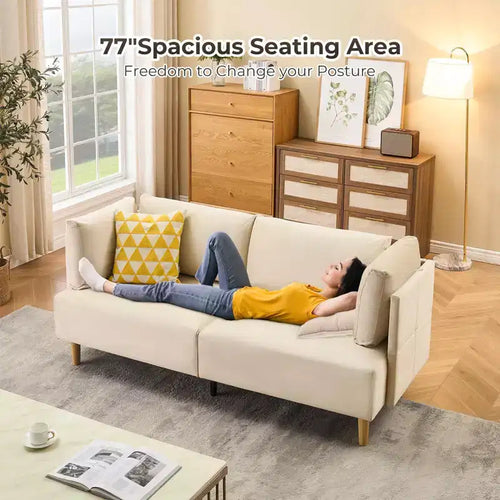 Canapé causeuse rembourré de 76 po avec sièges profonds et oreillers amovibles, canapé 2 places en velours pour salon, appartement ou bureau, beige