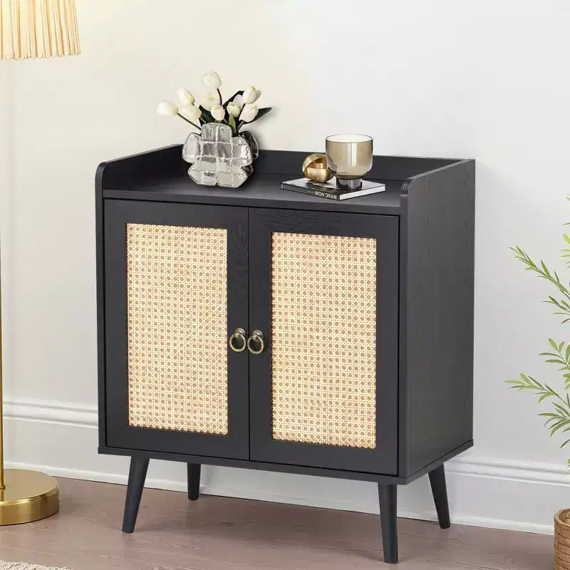 MAYEERTY 59x15x31 Pouces Buffet/Bar à Liqueur Noir en Rotin Pour Salle à Manger ou Couloir