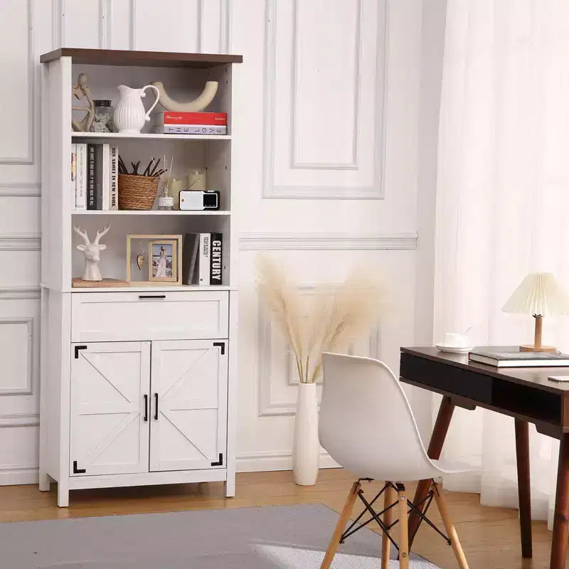 Étagère bibliothèque de ferme, bibliothèque haute de 183 cm avec portes et tiroir, bibliothèque de ferme profonde de 38 cm avec armoire de rangement, bibliothèque sur pied