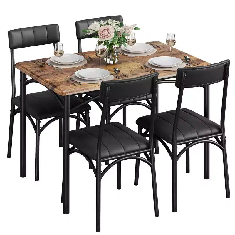 Table et chaises de cuisine, ensemble de table de salle à manger pour 4 avec chaises rembourrées, ensemble de table de cuisine en métal et bois, table à manger rectangulaire